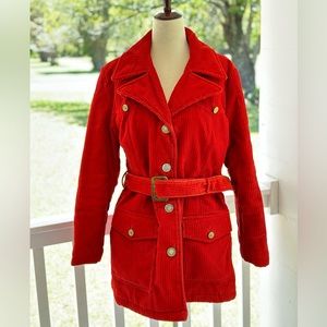 Vintage 70s Cordor Red Corduroy Belted Coat size M